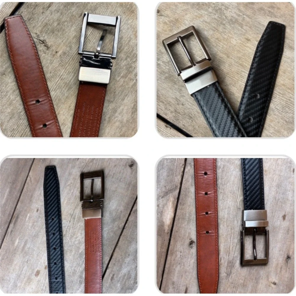 Men's Reversible Belt L 45 Black Carbon Fiber Cognac Brown Gunmetal BucklE